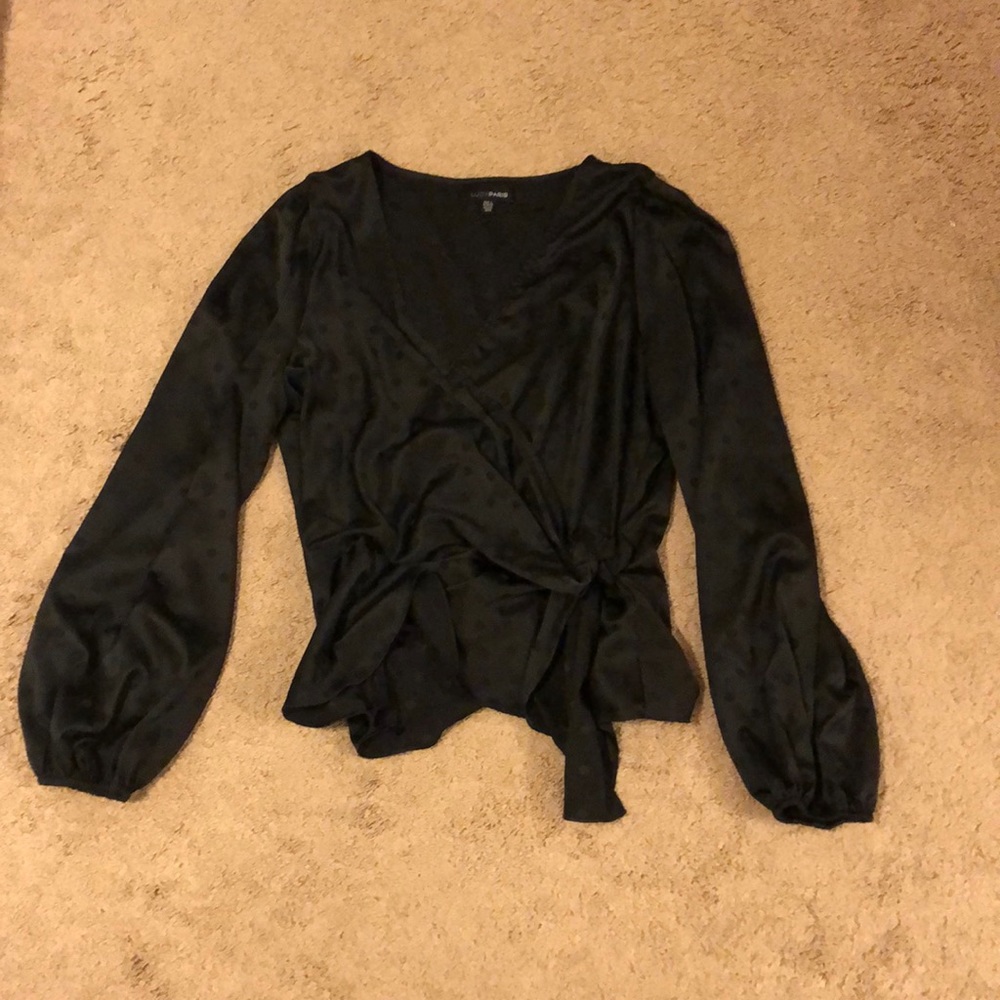 TOPSHOP polka dot long sleeve black tie shirt